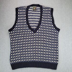 Lake Harmony Sweater Vest Mens Large Navy Blue Geometric Knit V-Neck USA Cotton